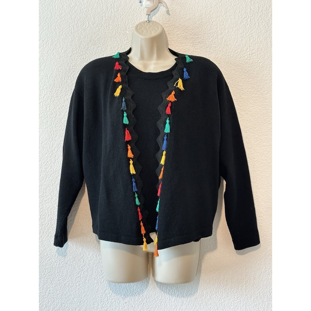Vintage 90s Helen Hsu Santana‎ Knit Twin Set Black Sweater &Cardigan M Artsy